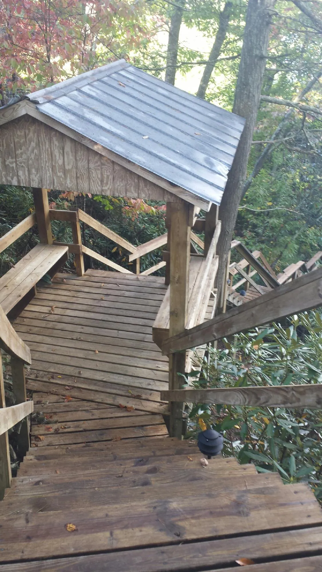 Metal roofed shelter over wooden steps on a wooded walkway — Skylight Repair & Installation work by our crew in Ault
